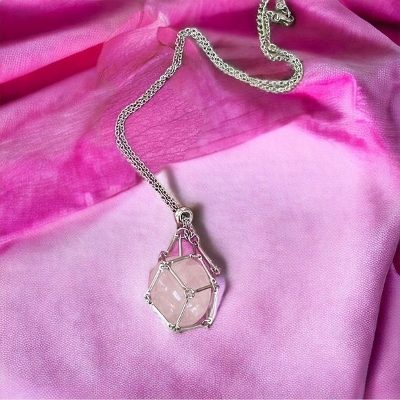 Rose Quartz Crystal Necklace in interchangeable cage/Pouch Handcrafted - Picture 6 of 8